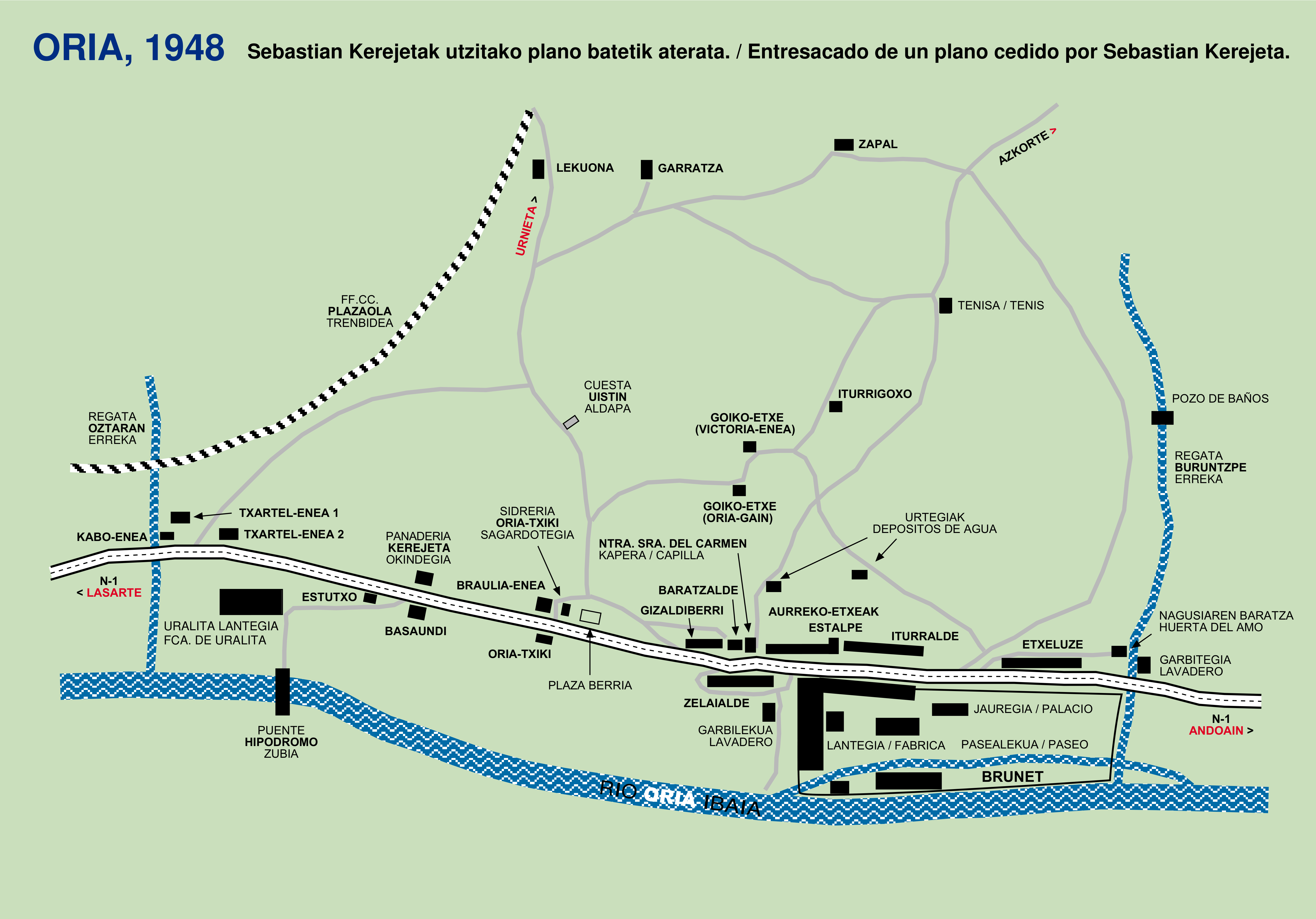 Plano esquemático de Oria en 1948 que nombra la fábrica, el palacio, las viviendas y los caminos