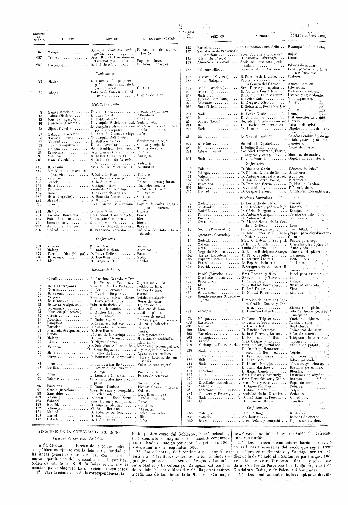 Segunda página de la Gaceta de Madrid del 13 de abril de 1851: en la parte superior izquierda figura la sociedad Brunet, Guardamino, Tantonat y compañía, premiada por su papel continuo.