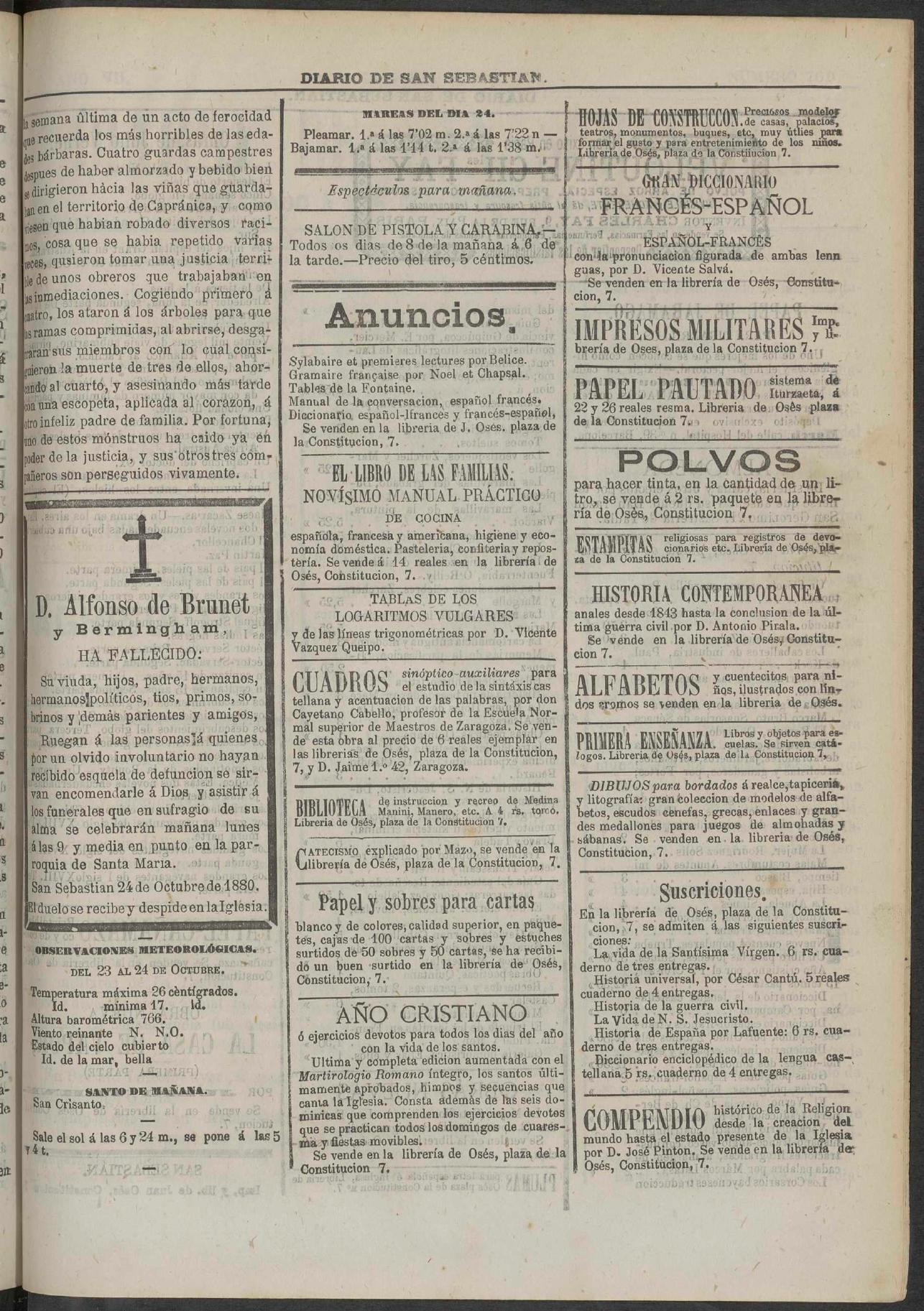 Página del Diario de San Sebastián de 1880 con la esquela de Alfonso de Brunet y Bermingham en la columna izquierda.