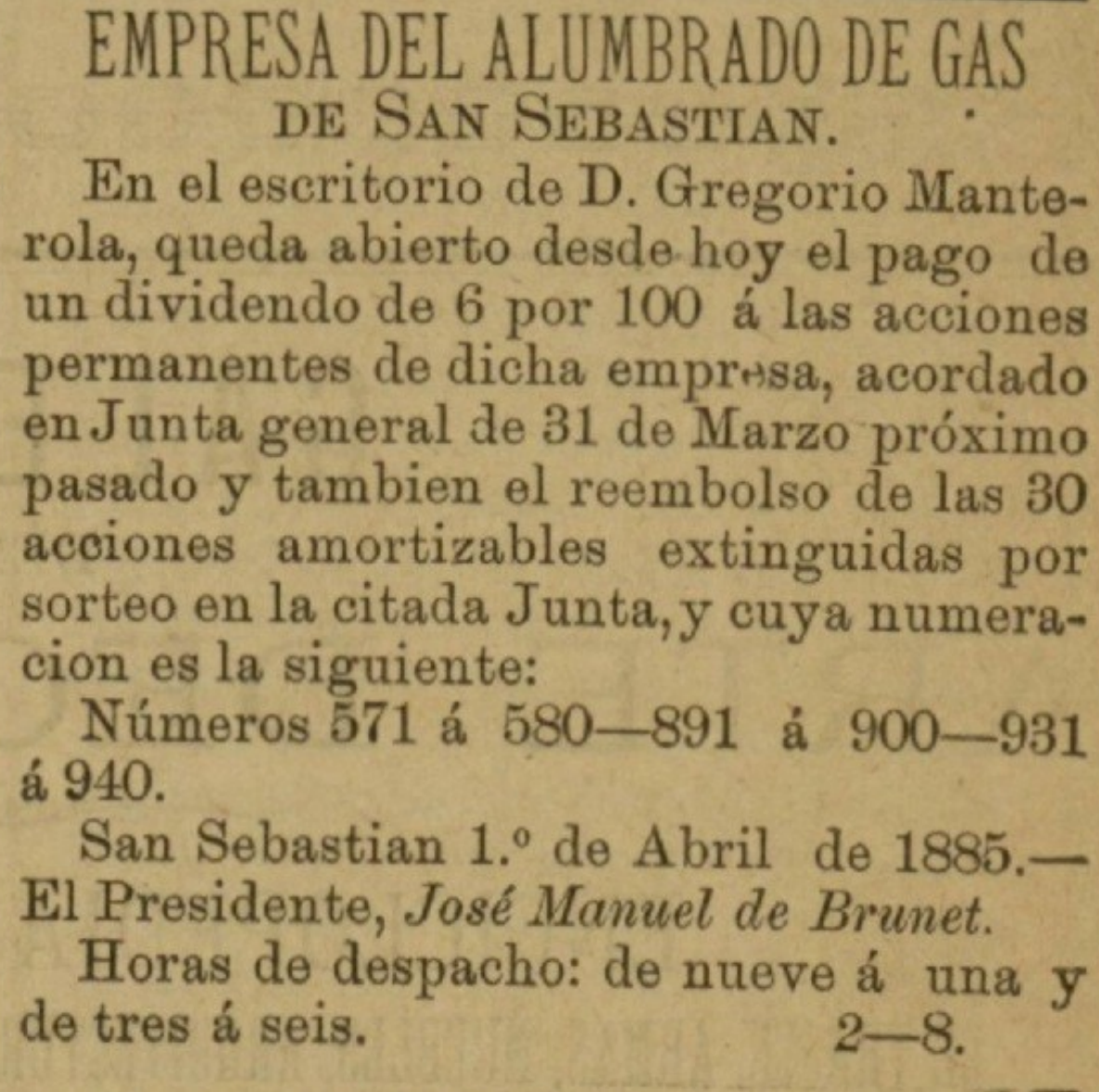 Aviso completo de la empresa del alumbrado de gas que anuncia un dividendo del seis por ciento y el reembolso de treinta acciones, firmado José Manuel de Brunet.