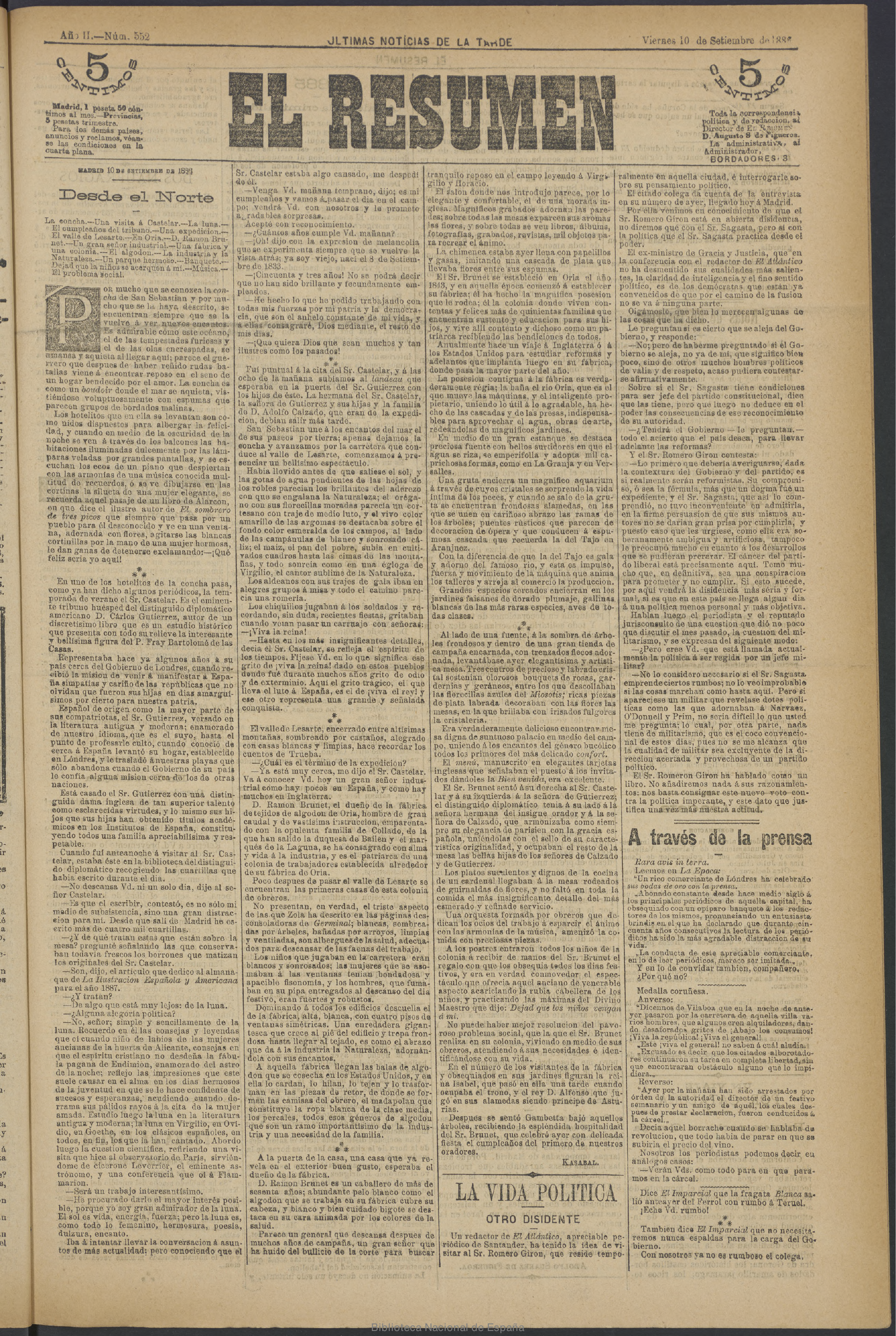 Primera página de El Resumen del 10 de septiembre de 1886 con la visita de Kasabal a Oria.