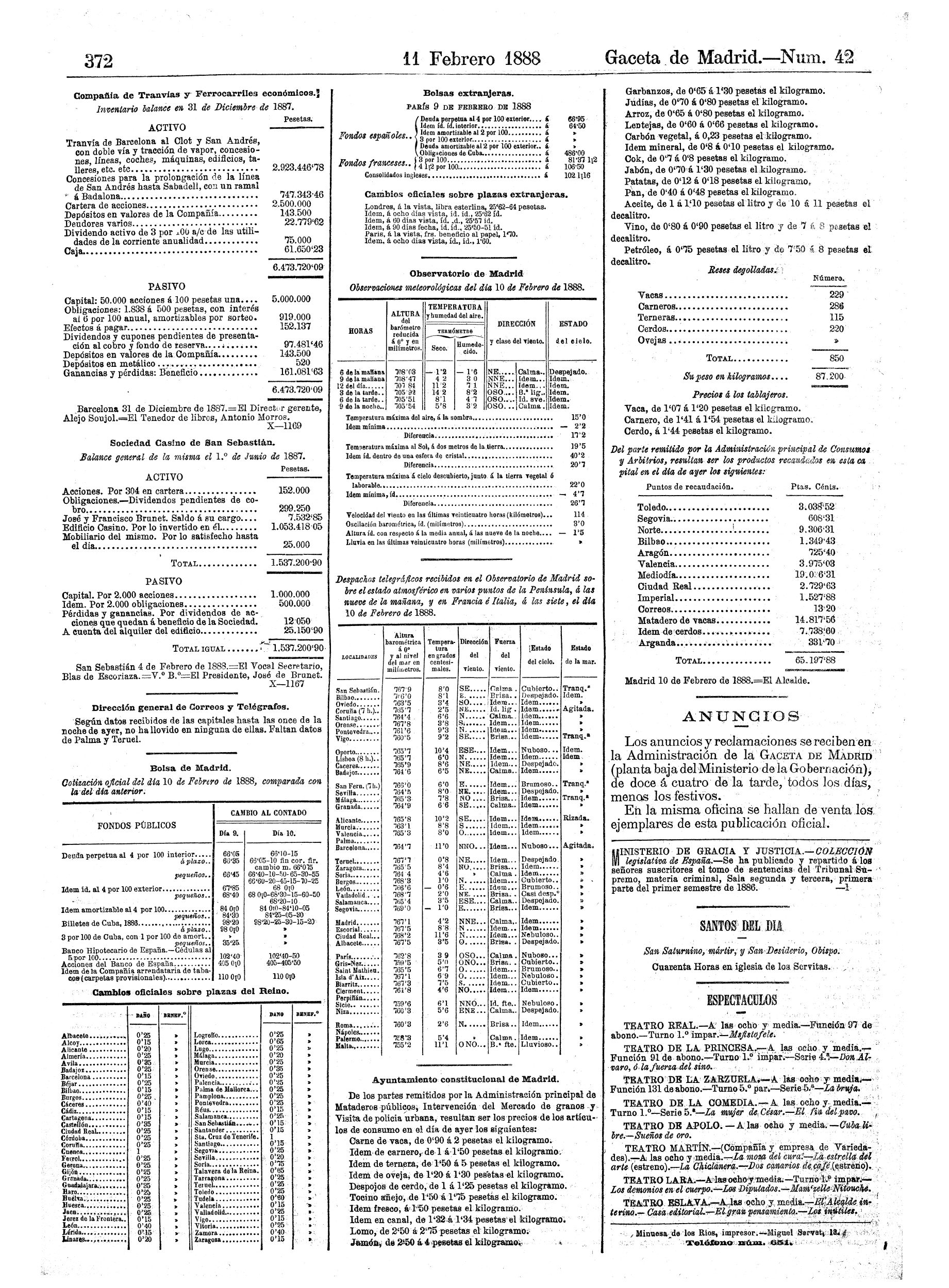 Página 372 de la Gaceta con el balance de la Sociedad Casino de San Sebastián y el visto bueno de José de Brunet.