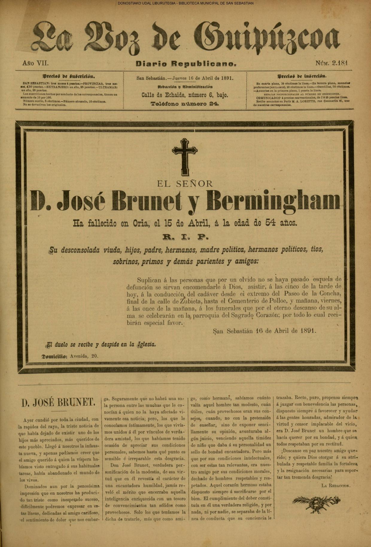 Portada de La Voz del 16 de abril de 1891 con la esquela de José Brunet y Bermingham y el texto de despedida de la redacción.